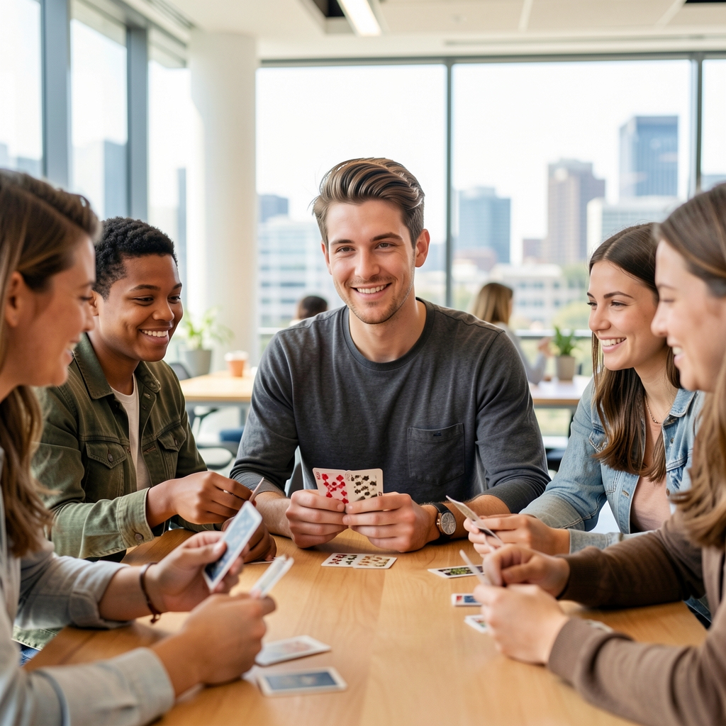 Diverse group of young Australian adults gathered around a table playing card games together in a bright modern Melbourne co-working space with large windows and city views