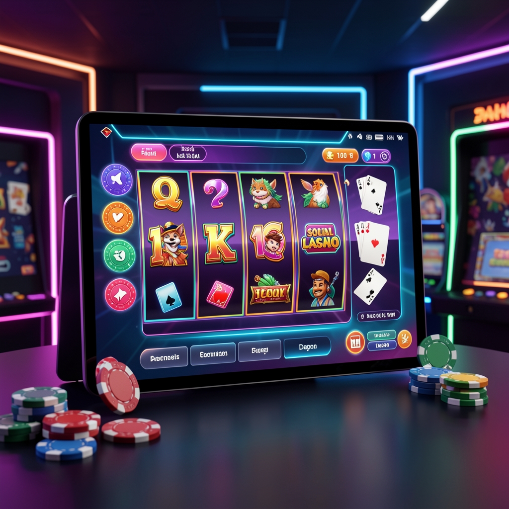 Vibrant digital social casino interface showing colorful slot reels, playing cards and chips on a dark background with neon accents