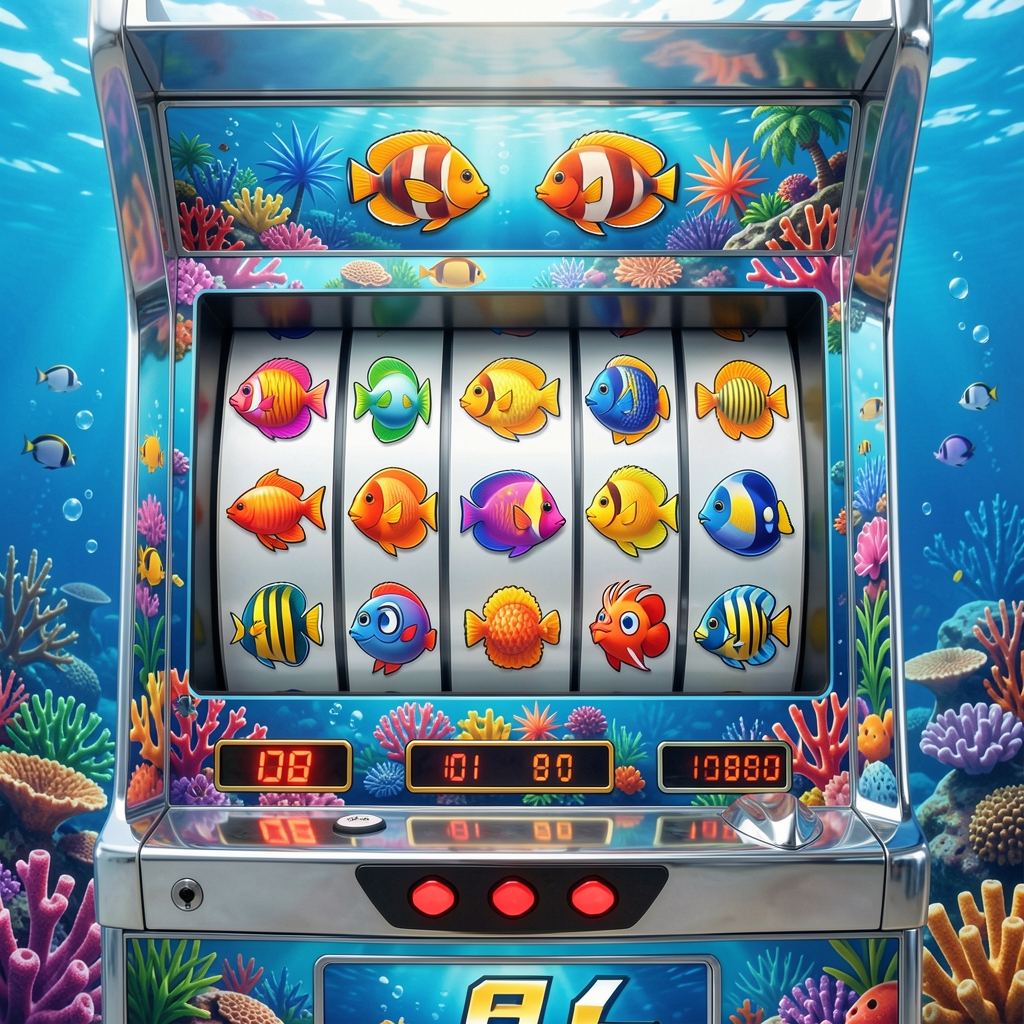 Underwater ocean-themed social slot game with tropical fish symbols on bright coral-coloured reels against a deep-sea blue background
