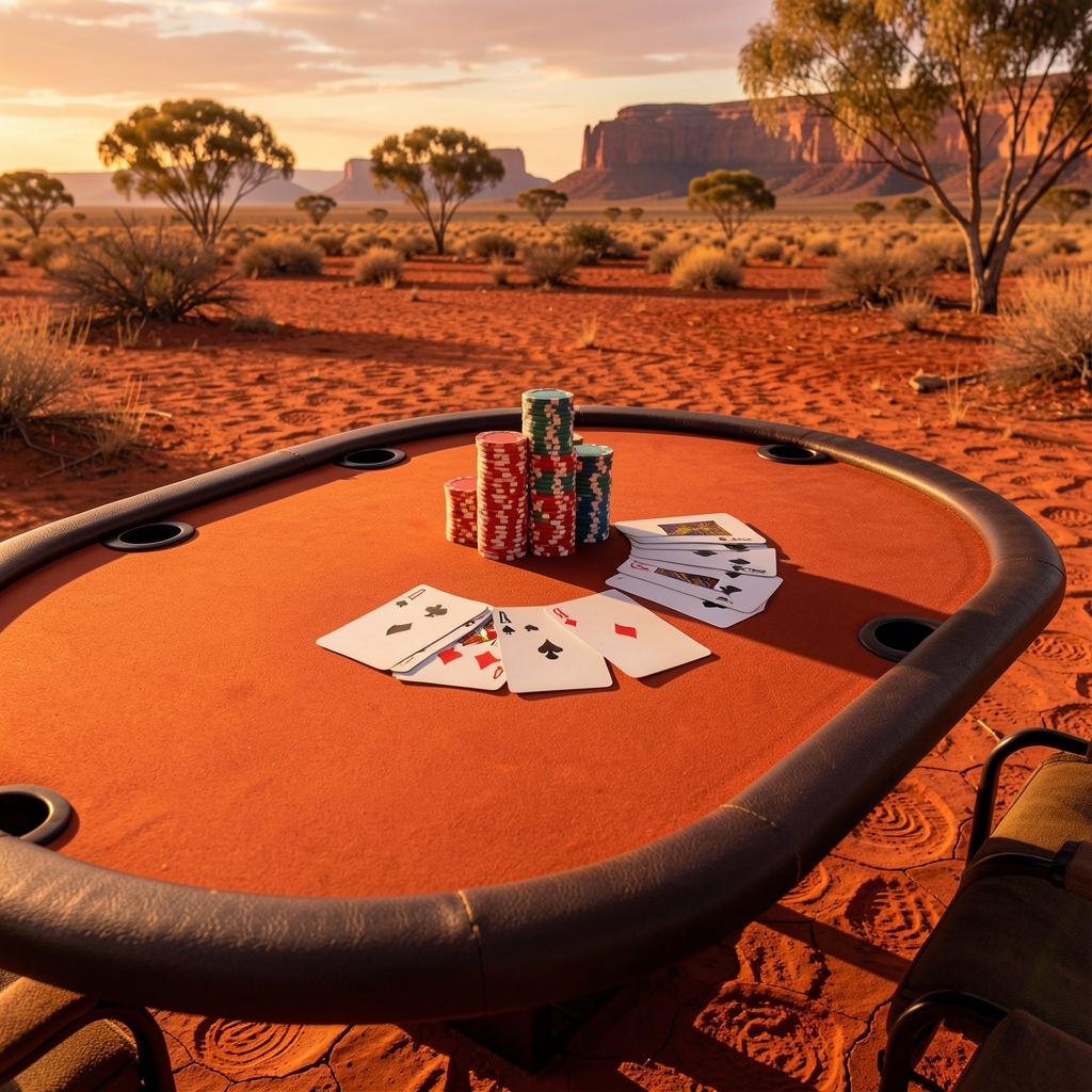 Desert outback poker game interface with rustic wooden card table, red dust landscape backdrop and virtual poker chip stacks in warm amber tones